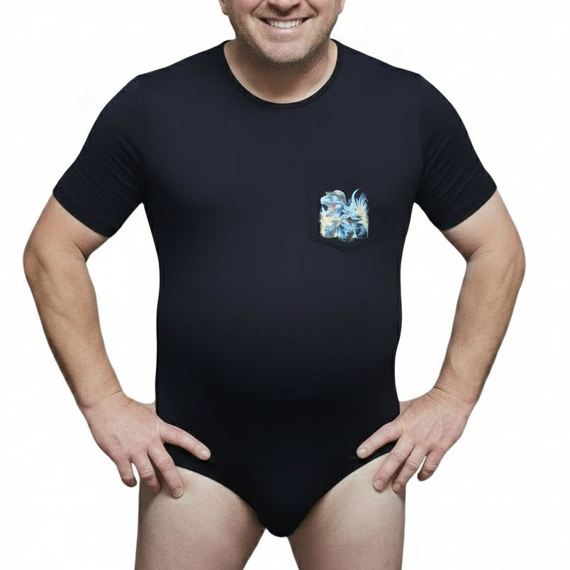 Man wearing black dinosaur monster truck onesie with dinosaur background