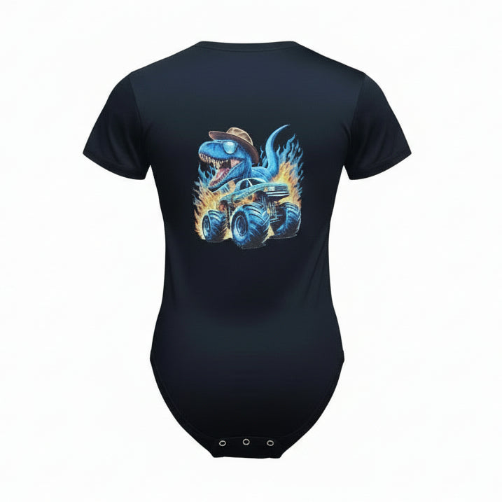 Man wearing black dinosaur monster truck onesie with monster truck background