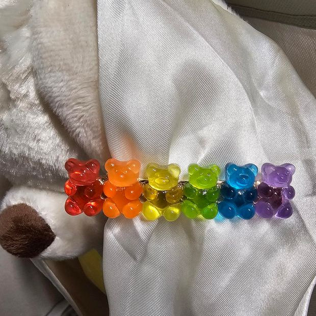 Jelly Baby Hair Clips with Teddy Bear background Red, Orange, Yellow, Green, Blue, Purple