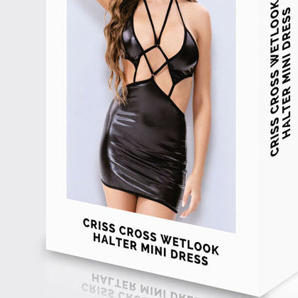 Package of a black criss-cross wetlook halter mini dress on a white background