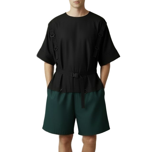 Black and green romper with restraining rings in a loungeroom with a white background