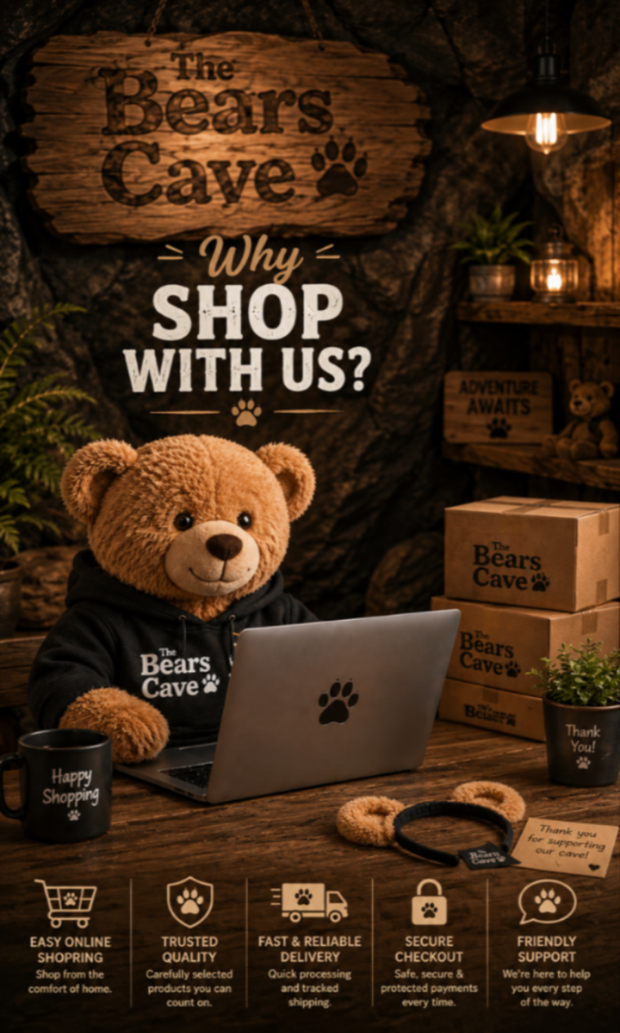 A promotional scene for The Bears Cave featuring a brown teddy bear wearing a black hoodie with the brand name and paw print, seated at a desk with a laptop. The background shows rustic cave-style decor, shelves, candles, boxes branded The Bears Cave, and text reading 'Why SHOP WITH US?' plus feature icons along the bottom.