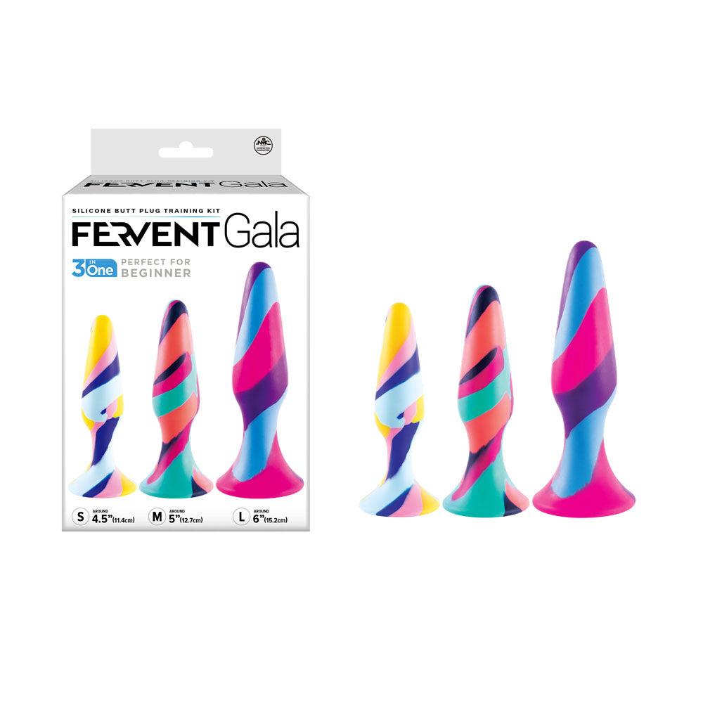 Fervent Gala silicone butt plug training kit packaging with colorful plugs on a white background