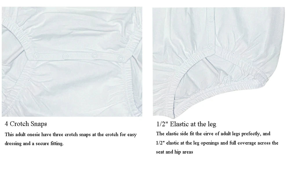 Classic Solid Pink, Blue, White or Black ABDL Adult Romper Snap Crotch