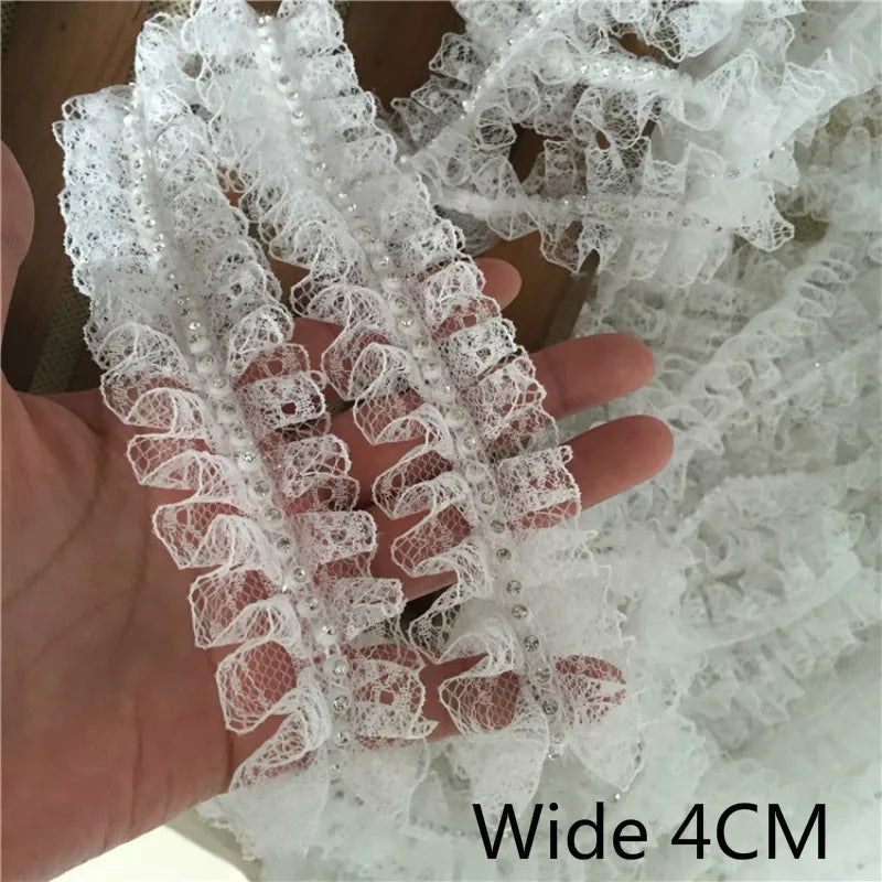 4cm Wide White Black 3d Applique Beaded Ribbons Pleated Dress Collar Lace Applique Trim Edge For Sewing Wedding Fringe Decor Diy