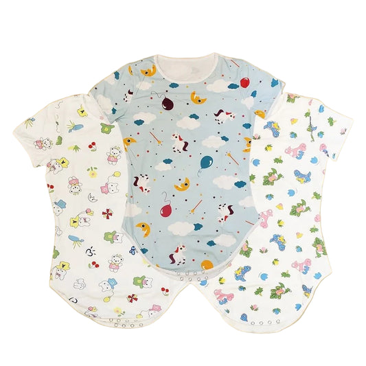 Set of baby rompers with colourful patterns on a white background