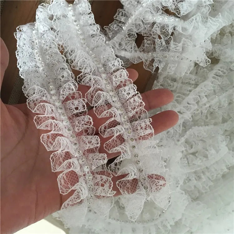 4cm Wide White Black 3d Applique Beaded Ribbons Pleated Dress Collar Lace Applique Trim Edge For Sewing Wedding Fringe Decor Diy