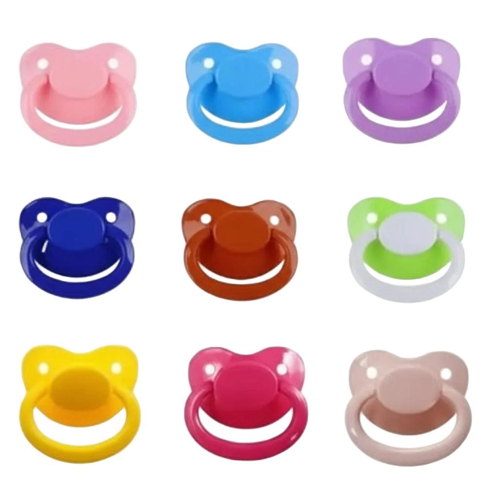 Collection of colorful baby pacifiers with numbers labeled on a white background