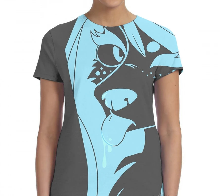T-shirt with a blue and gray graphic design on a white background