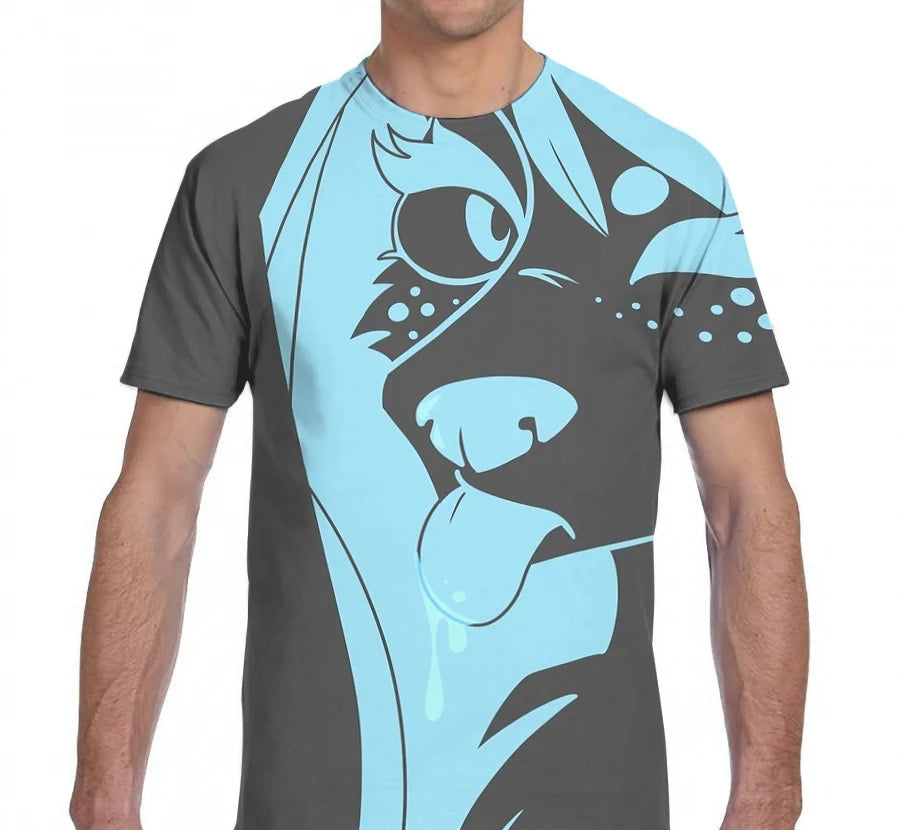 T-shirt with blue and black graphic design on a white background