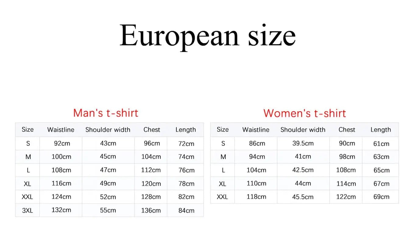 Size chart for men's, women's, boy's, and girl's t-shirts with European measurements.