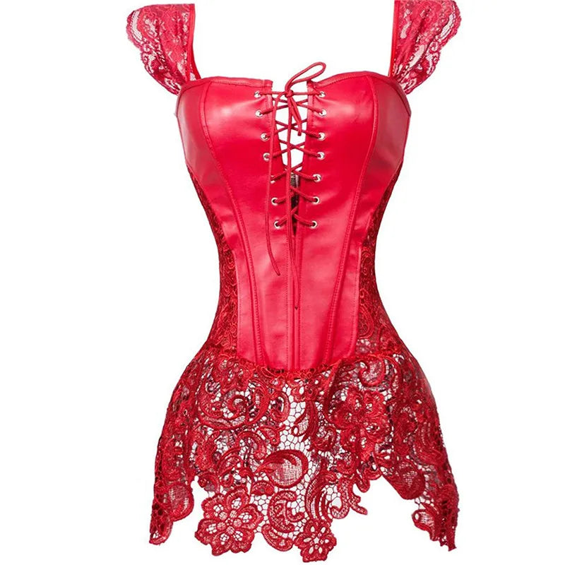 up to 8XL Gothic Corset Bustier Dress Faux Leather & Lace Strap Lingerie Plus Size