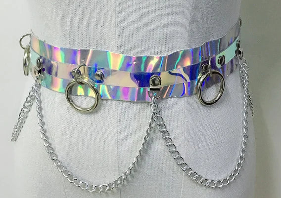 Holographic belt with chain details on a mannequin against a white background