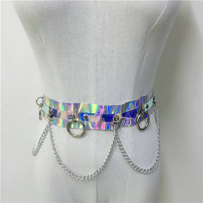 Holographic belt with chain on a mannequin against a white background