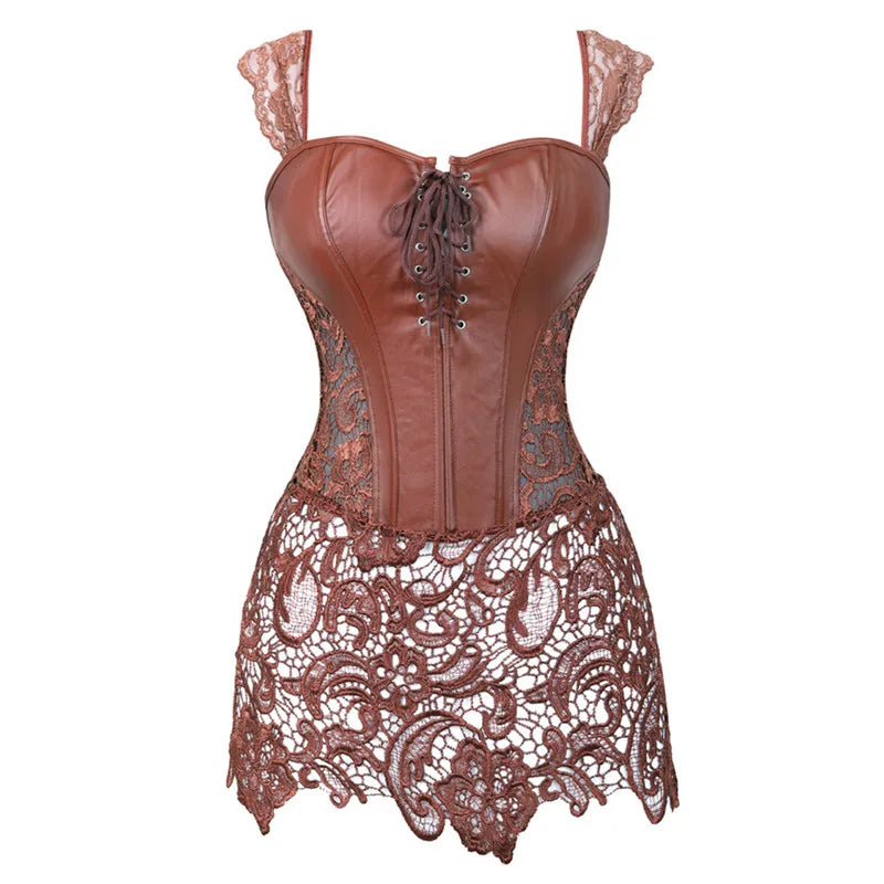 up to 8XL Gothic Corset Bustier Dress Faux Leather & Lace Strap Lingerie Plus Size