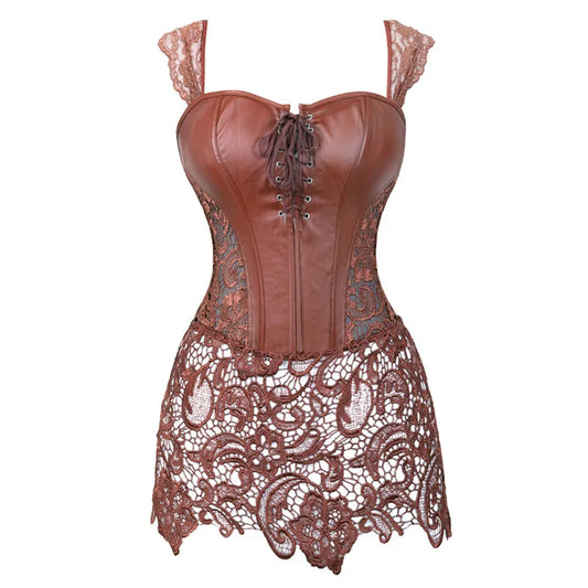 up to 8XL Gothic Corset Bustier Dress Faux Leather & Lace Strap Lingerie Plus Size