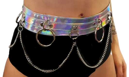Person wearing a shiny holographic belt with chain details on black underwear.