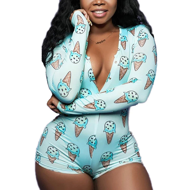 Light Pink Cute Ice-cream Print Short Jumpsuit Onesies Deep V-neck Sleepwear