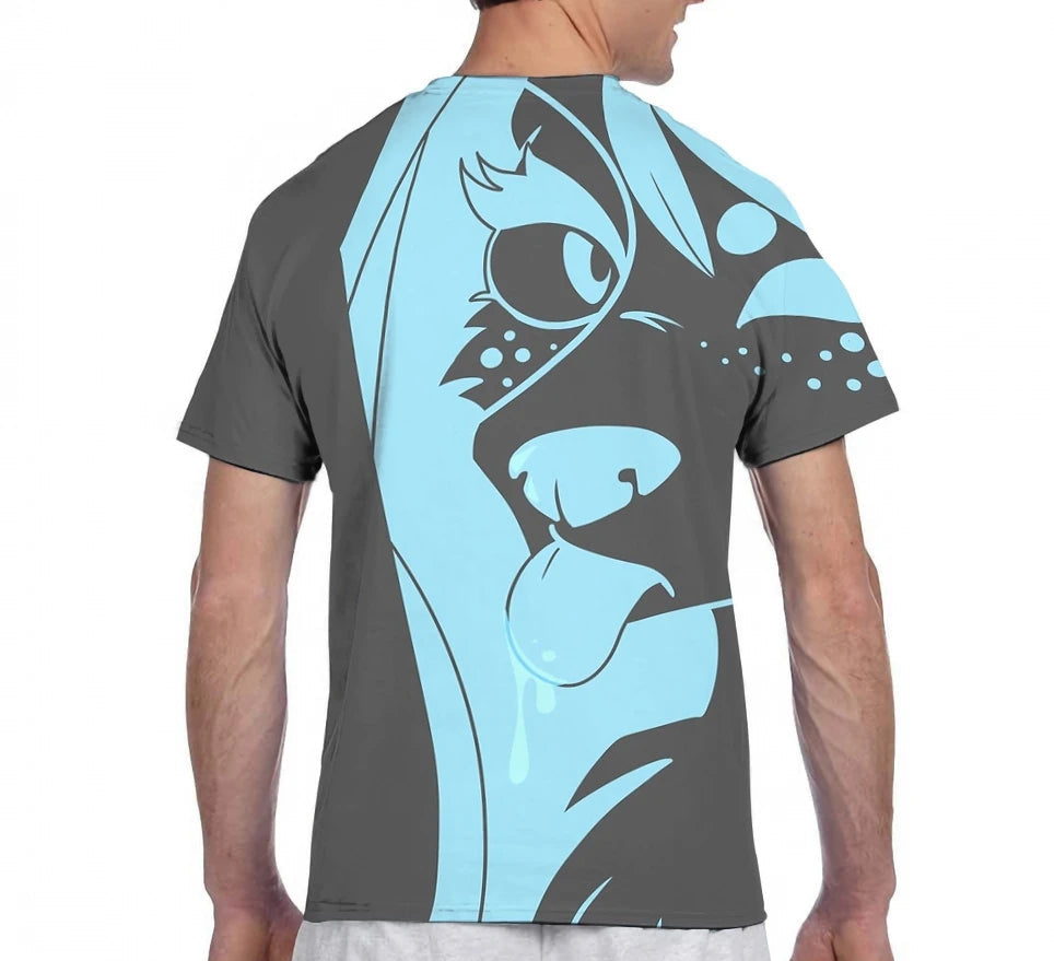 T-shirt with a blue and gray graphic design on a white background