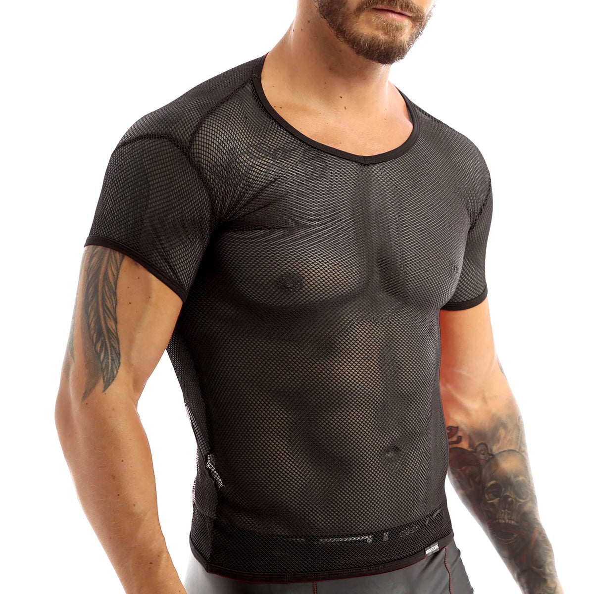 Mens T-shirt Tops Hollow Out Short Sleeve See Through Fishnet Mesh T-shirts Round Neck Crisscross Back Performance Club Wear