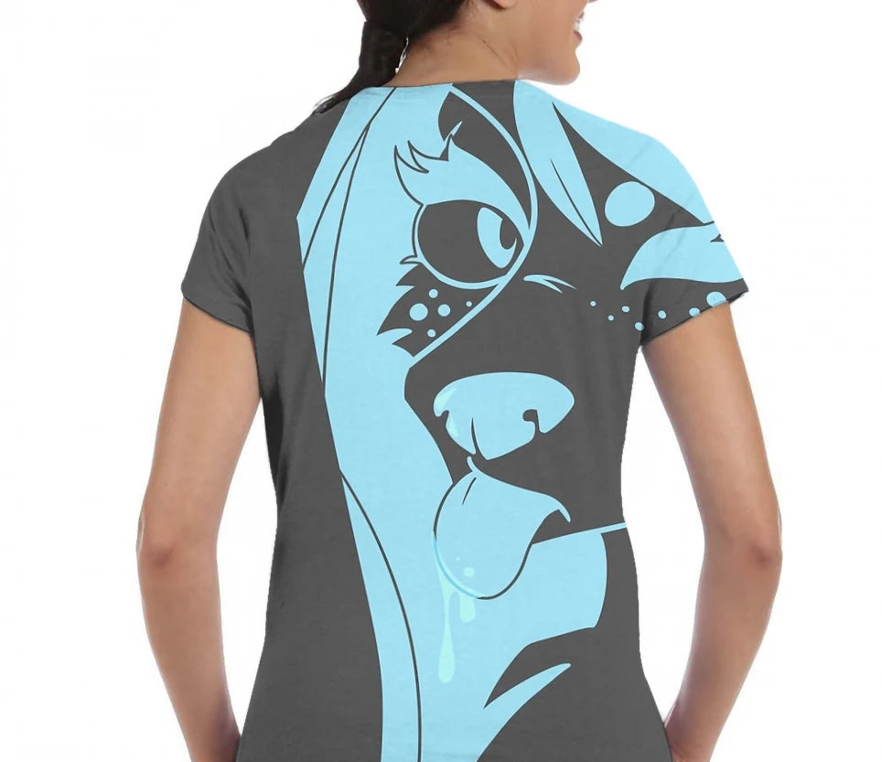 T-shirt with a blue and black graphic design on a white background