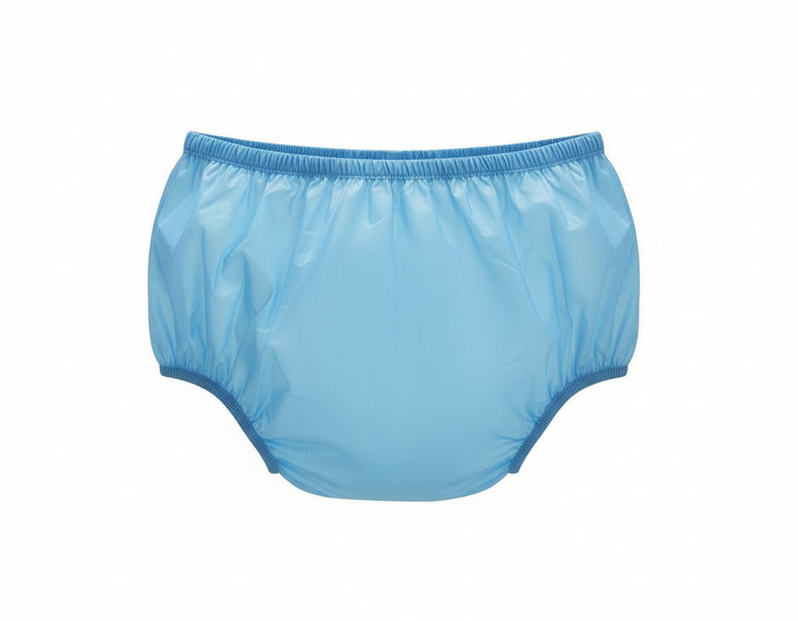 Blue adult plastic pants hanging on a clothesline