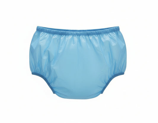 Blue adult plastic pants hanging on a clothesline