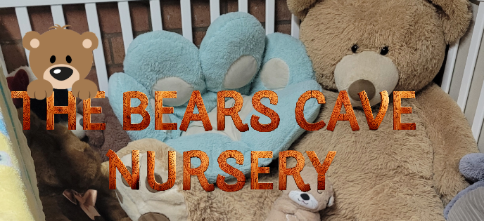 Stuffed animals in a crib with 'The Bears Cave Nursery' text.