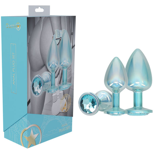 OUCH! Paris Collection - Metal Anal Plug Set - Blue - Metallic Blue Butt Plugs with Gem Bases - Set of 3 Sizes