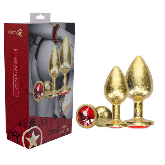 OUCH! Milan Collection - Metal Anal Plug Set - Gold - Gold Butt Plugs with Gem Bases - Set of 3 Sizes