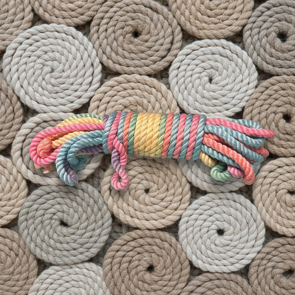 Multicolored rope toy on coiled ropes