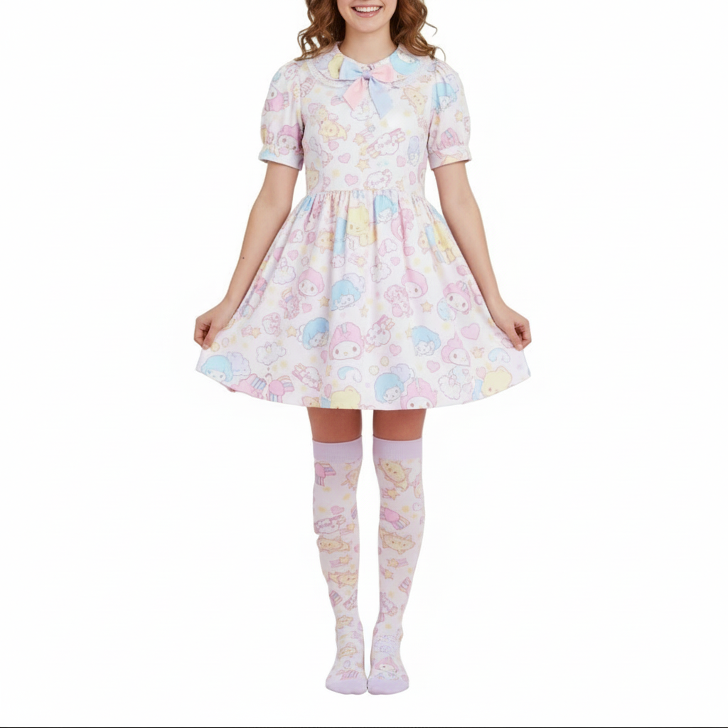 Woman wearing a pastel floral dress with matching knee-high socks against a colorful background