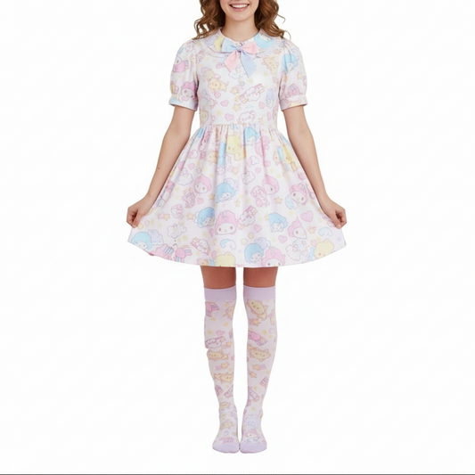 Woman wearing a pastel floral dress with matching knee-high socks against a colorful background