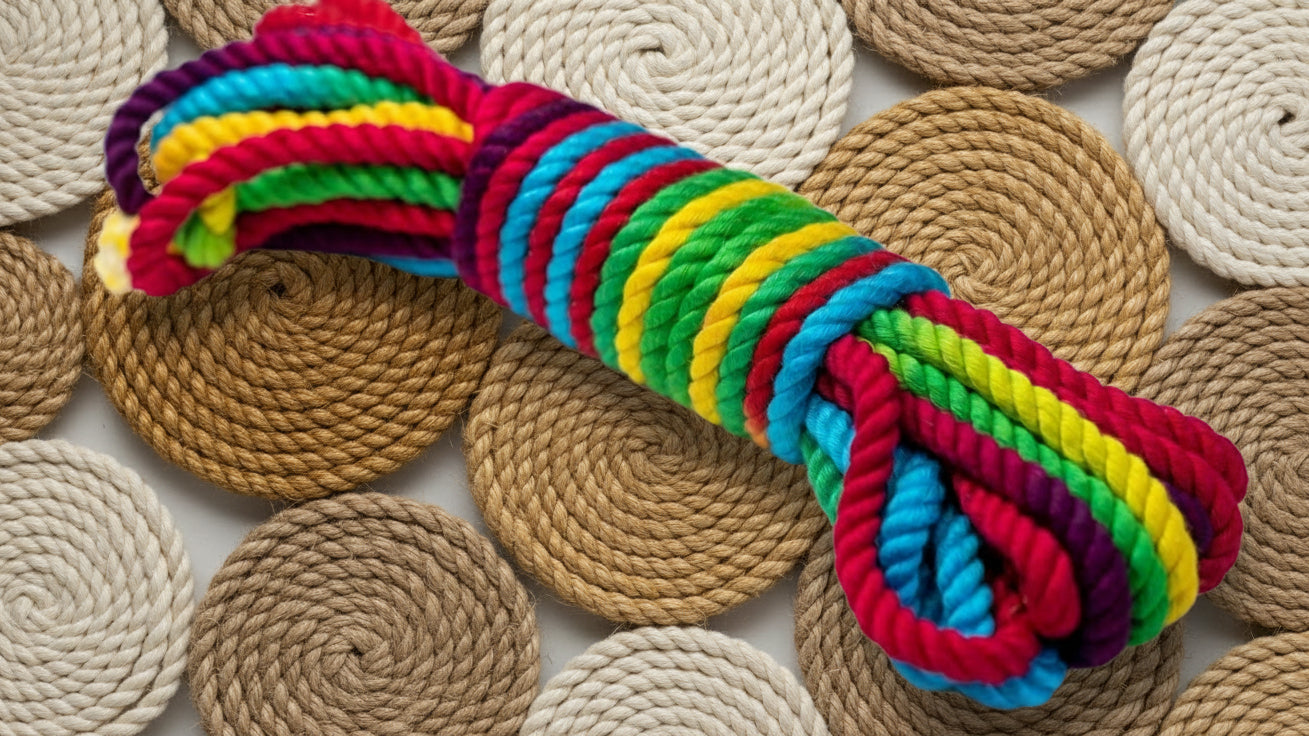 Colorful knotted rope toy on a white background