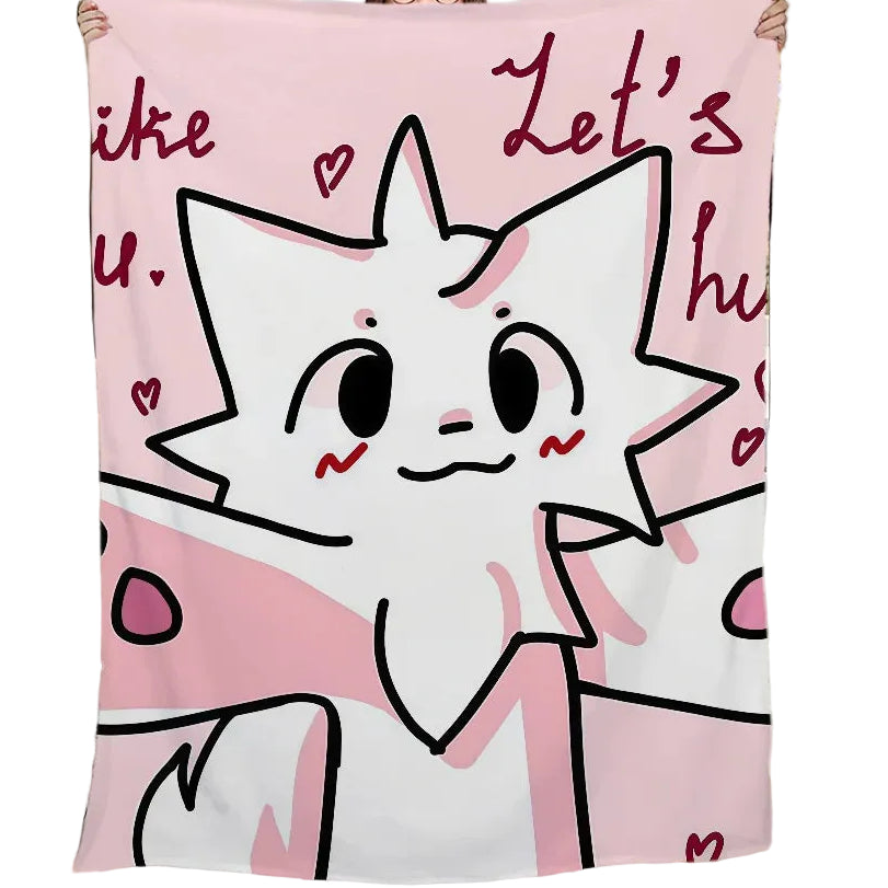 Person holding a pink blanket with a cartoon cat design and text.