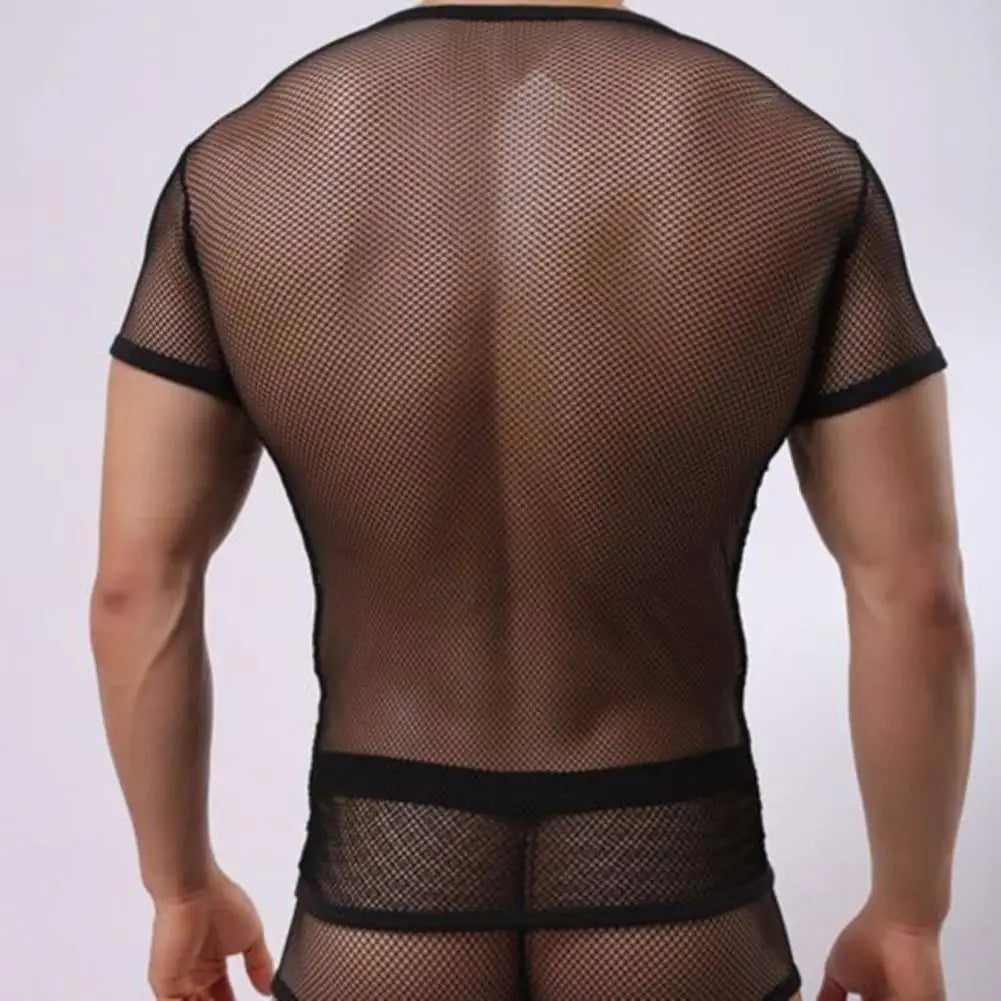 Men Mesh T Shirt Transparent Sexy Men See Through Fashion T-shirt Men Slim Fit Shiny Sexy T Shirt Party Nightclub Blouse Tops