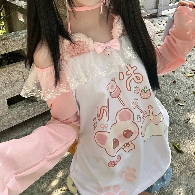 Kawaii arcane Anime Printed T-shirt Autumn New Subculture Pink Long-sleeved T Shirt Halter Design Sense