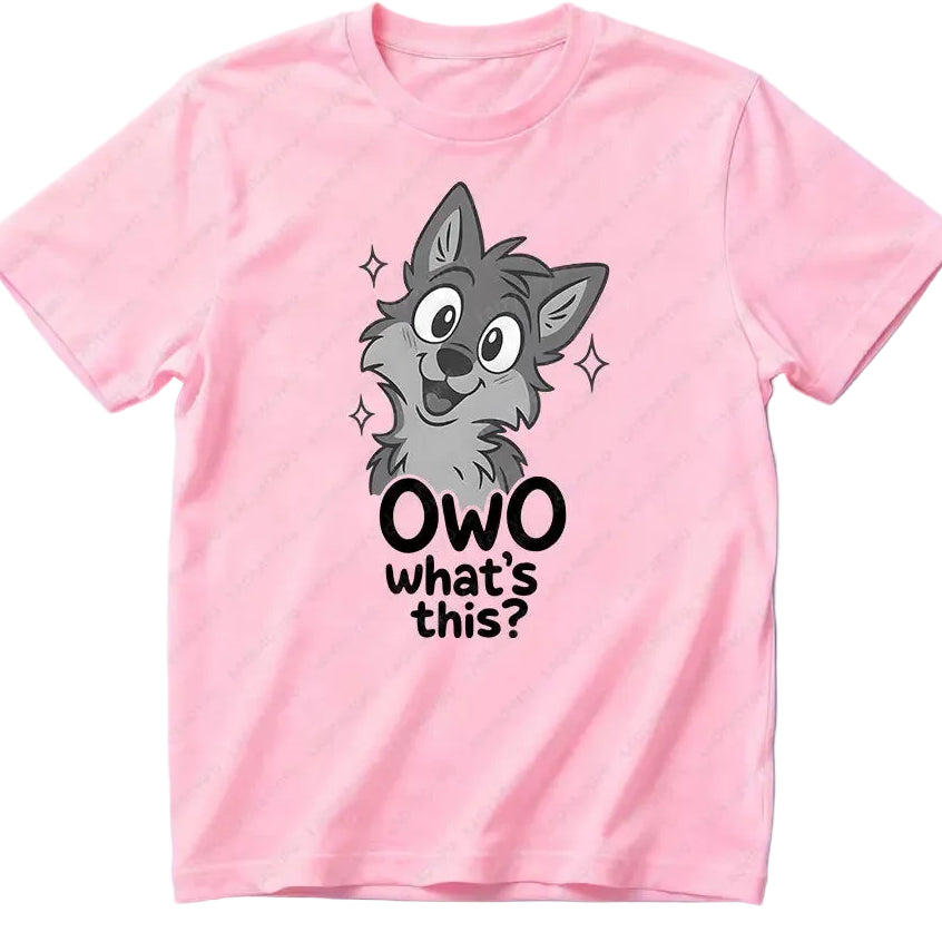 Pink t-shirt with cartoon wolf design and text on a light blue background