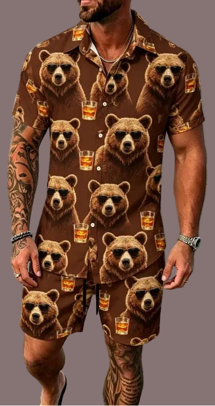 Cool animal print vacation set, short sleeved shirt and shorts, suitable for beach vacations and fun tropical outfits.