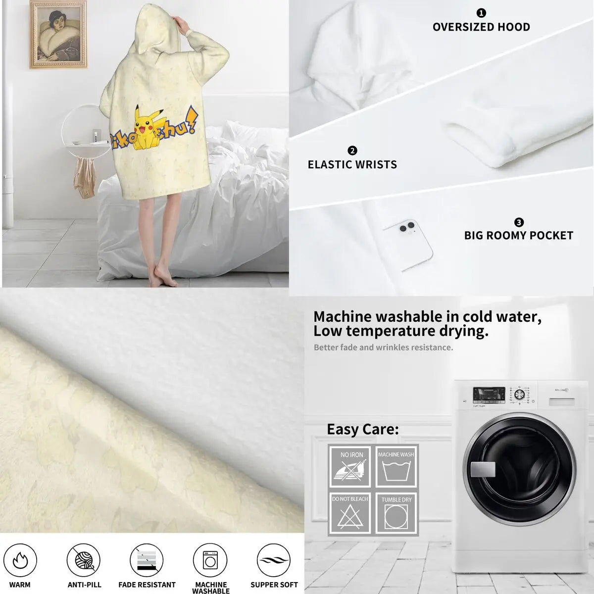 Oversized Pokemoned Pikachus Wearable Blanket Gifts for Women Men Ultrasoft Plush Warm Sweatshirt Blankets With Pocket