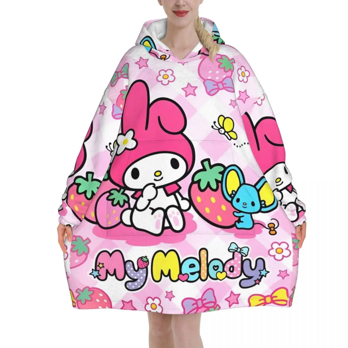 My Melody And Kuromi Blanket Hoodie Wearable Cute Cartoon Blanket Large with Pocket Warm Onesie