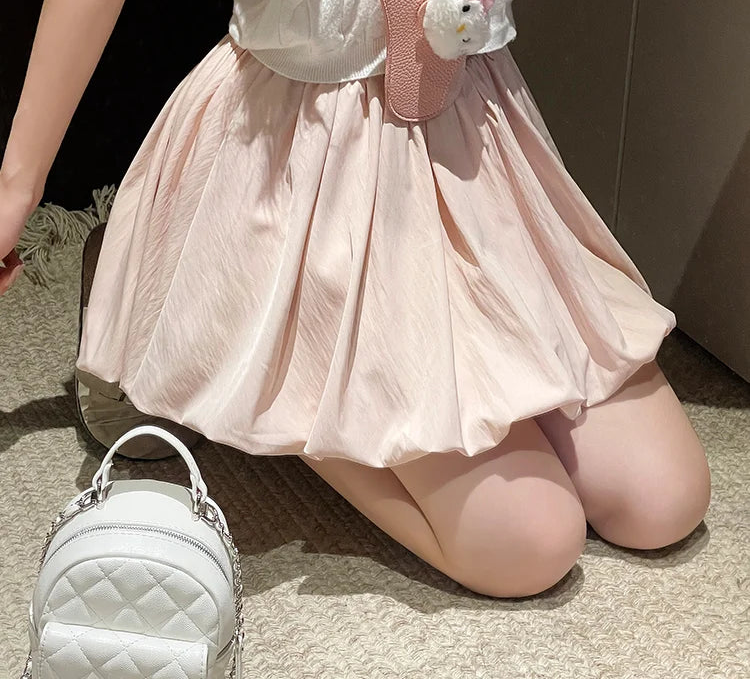 Women's Mini Skirt High Waist A-Line Skirt with Built-in Shorts for Petite, Pleated Puff Hem