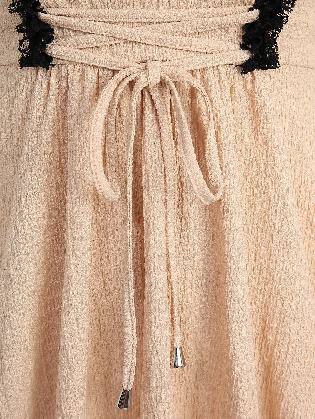 Plus Size Women Bowknot Lace Trim Lace-up Two Tone Textured Champagne Top