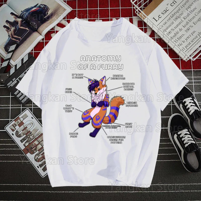 White t-shirt with 'Anatomy of a Furry' graphic on a grid background