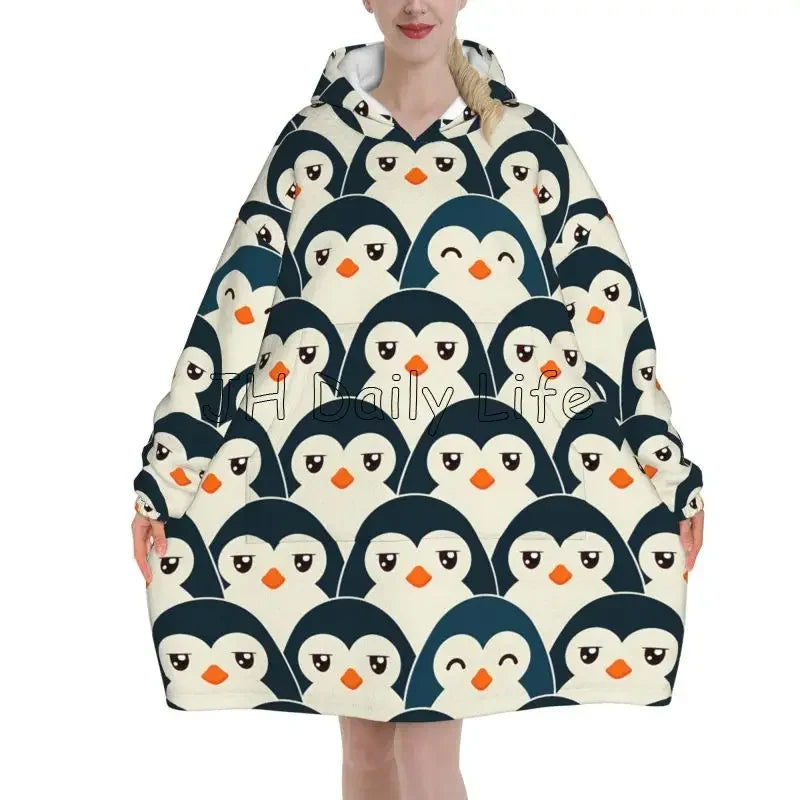Penguin Wearable Flannel Blanket Hoodie Oversized Hooded Blanket Soft Pullover Sweatshirt Fleece Sherpa Blankets with Pockets