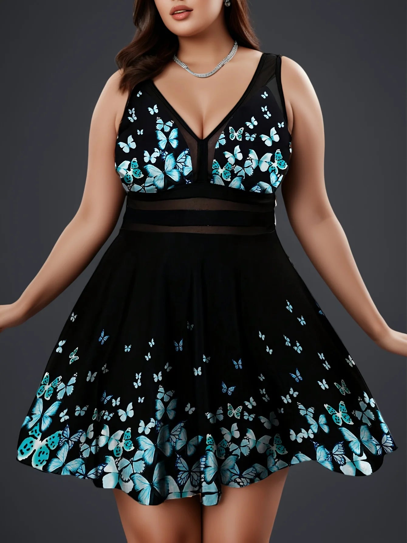 Plus Size Women's Black Blueor Black Pink Butterfly Print V Neck Mesh Panel A Line Beach Party Sundress