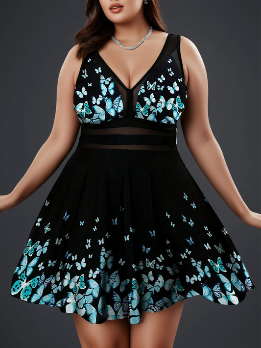 Plus Size Women's Black Blueor Black Pink Butterfly Print V Neck Mesh Panel A Line Beach Party Sundress