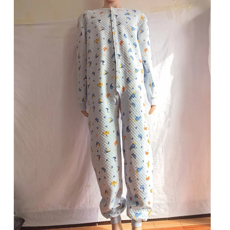 Adult Jumpsuit Plus Size Thicken Cotton Cute Cartoon Print Open Crotch ABDL Bodysuit Autumn Winter Warm DDLG Onesie Pajamas
