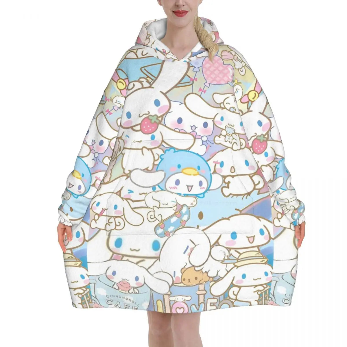 My Melody And Kuromi Blanket Hoodie Wearable Cute Cartoon Blanket Large with Pocket Warm Onesie