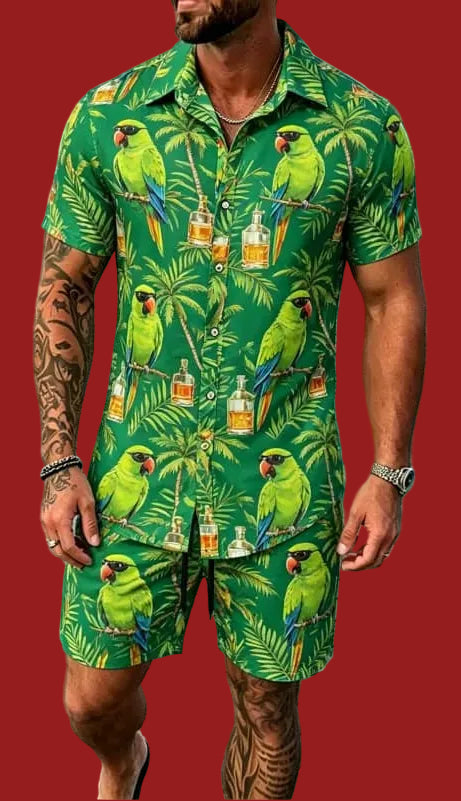Cool animal print vacation set, short sleeved shirt and shorts, suitable for beach vacations and fun tropical outfits.